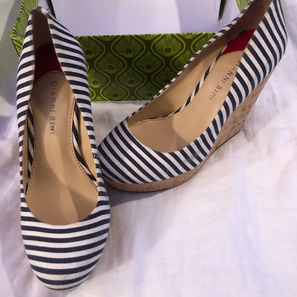 Gianna Bini Platform Cork Wedges Navy White Stripe - Picture 4 of 6